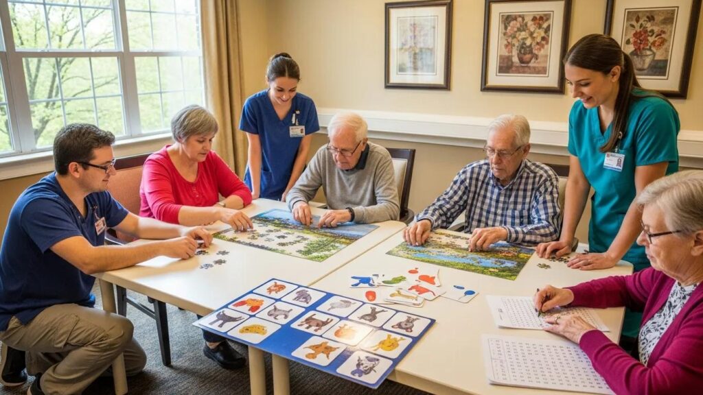 Residents participating in cognitive rehabilitation activities at Lakeshore Woods