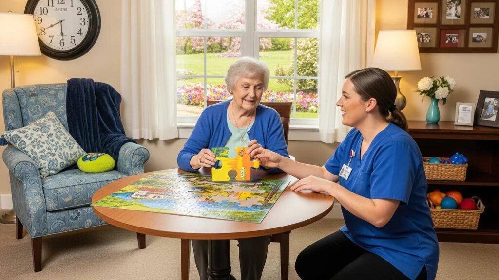 Caregiver providing compassionate support to a resident in a memory care neighborhood