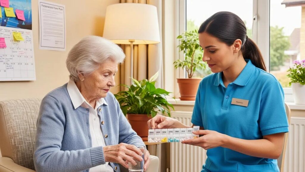 Caregiver helping a resident with daily tasks, illustrating personalized assistance in assisted living