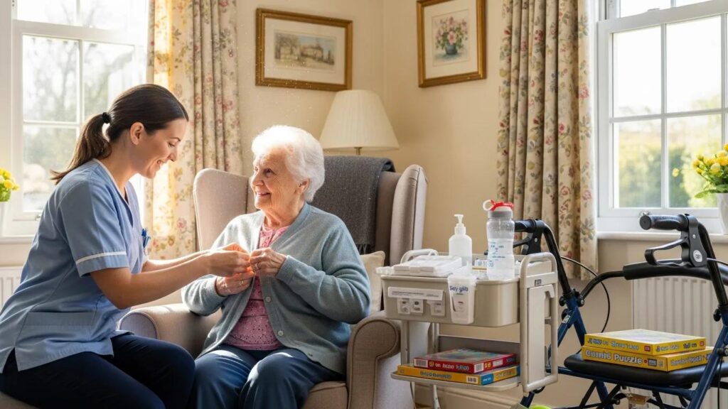Caregiver gently assisting an older adult in a bright, supportive setting