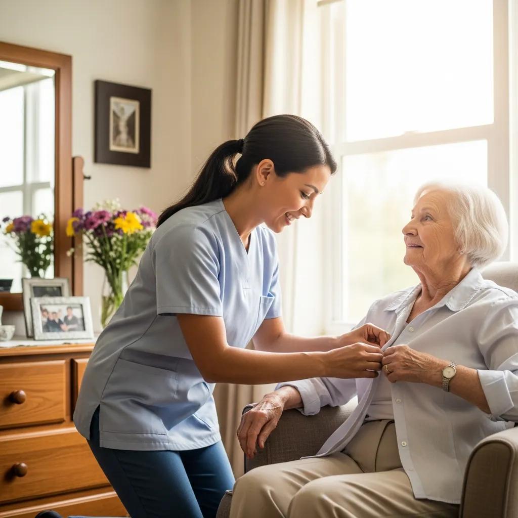 Caregiver providing personal care assistance to a senior, emphasizing dignity and support in assisted living