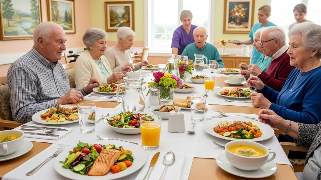 Dining room in a senior living community with residents enjoying a meal together