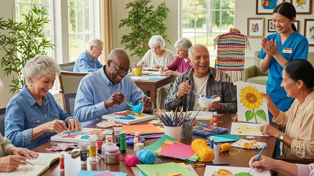 Residents taking part in arts and crafts at a memory care program, encouraging creativity and social bonds