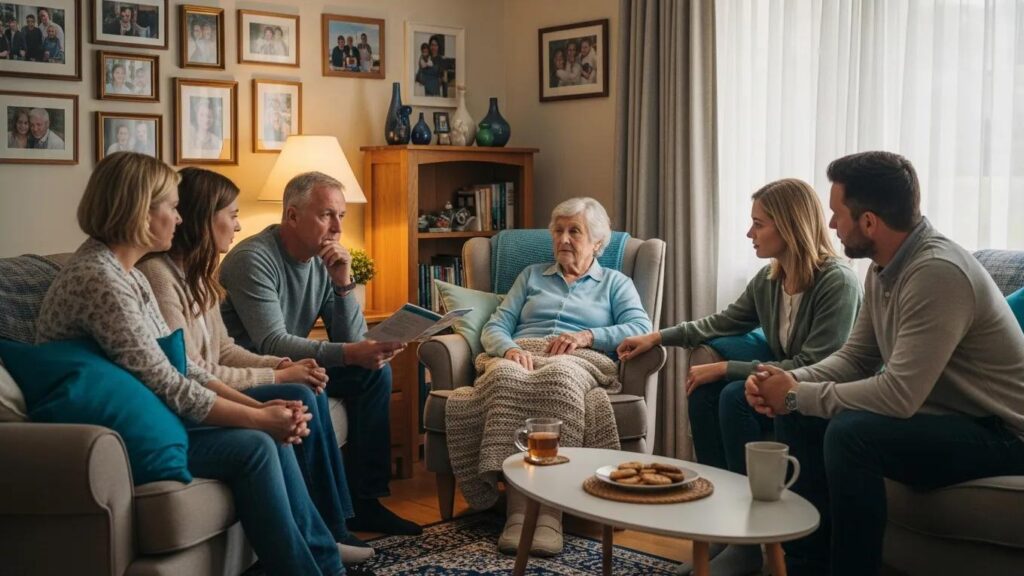 Family members talking through emotional support plans for a relative with Alzheimer's