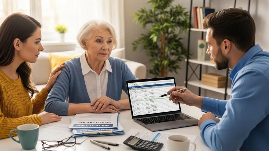 Family reviewing senior living costs and financial options together at a kitchen table