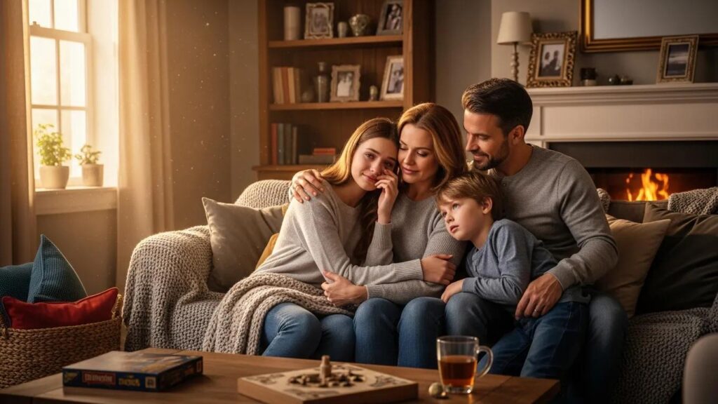 Family sharing a quiet moment in a comfortable living room, reflecting the value of connection in hospice care