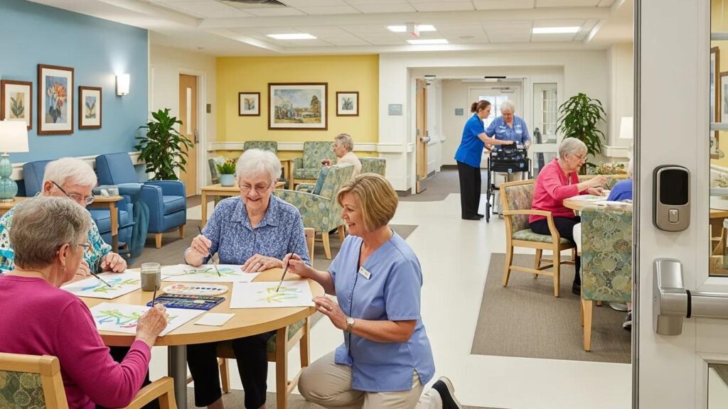 Common area in a memory care community showing secure layout and comfortable spaces