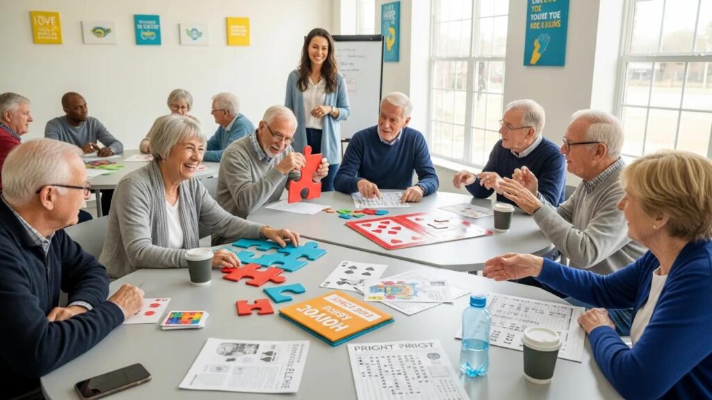 Residents participating in a cognitive training workshop focused on brain health