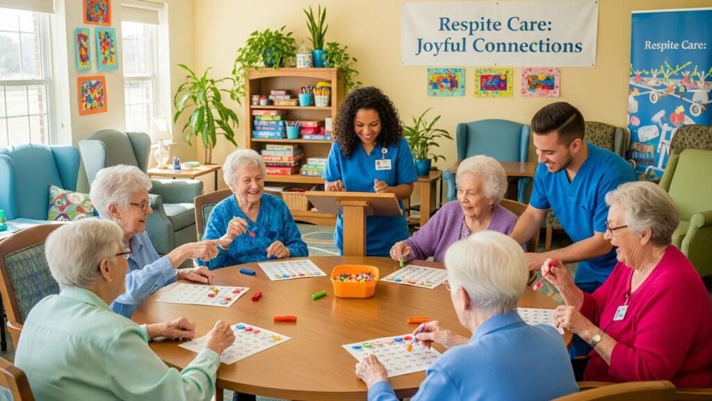 Seniors taking part in a group activity with caregivers, illustrating the social and health benefits of respite care