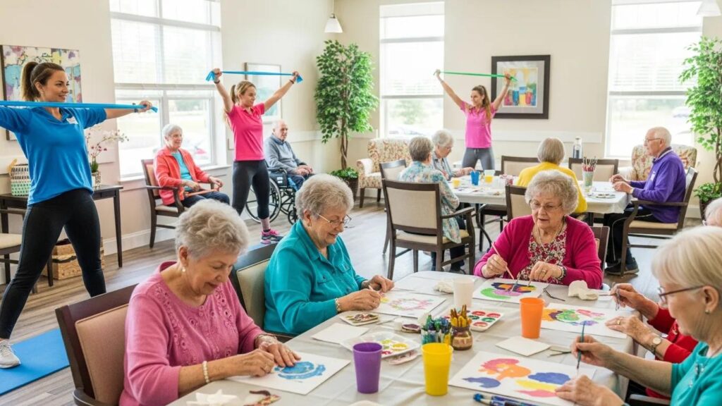Residents participating in recreational programs, highlighting community engagement in assisted living