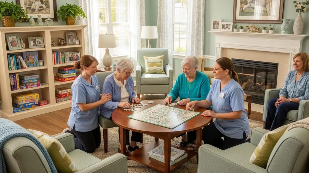 Residents engaged in a gentle cognitive activity at a memory care program, highlighting tailored support