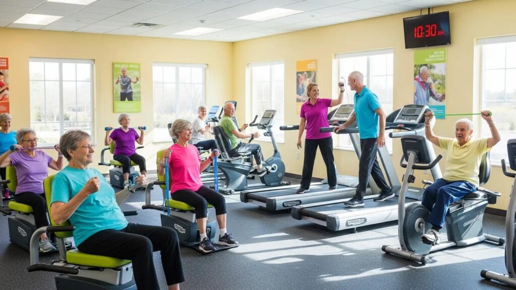 Seniors taking part in a fitness class at an independent living community