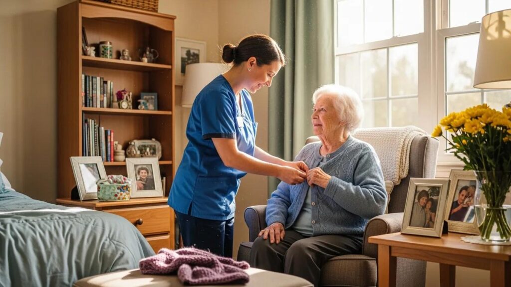 Care team member assisting an older adult with daily tasks