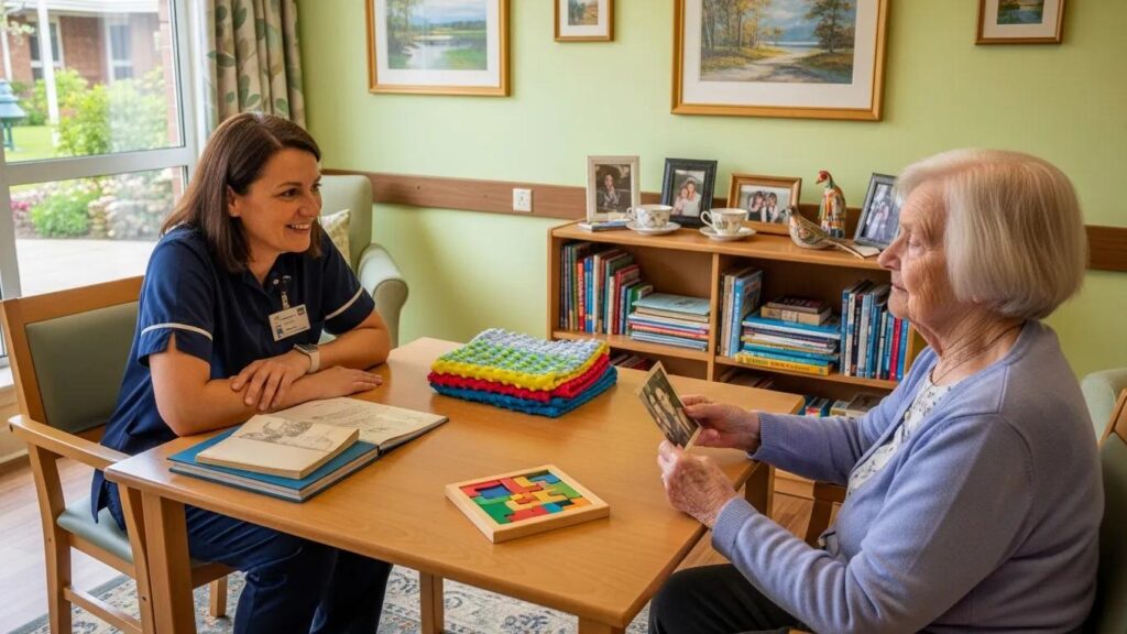 Caregiver assisting a resident in a memory care unit, highlighting specialized attention and cognitive engagement