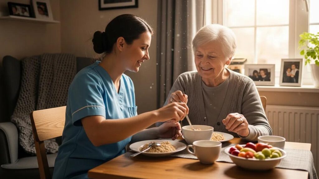 Caregiver assisting a senior in a cozy room, demonstrating personalized care