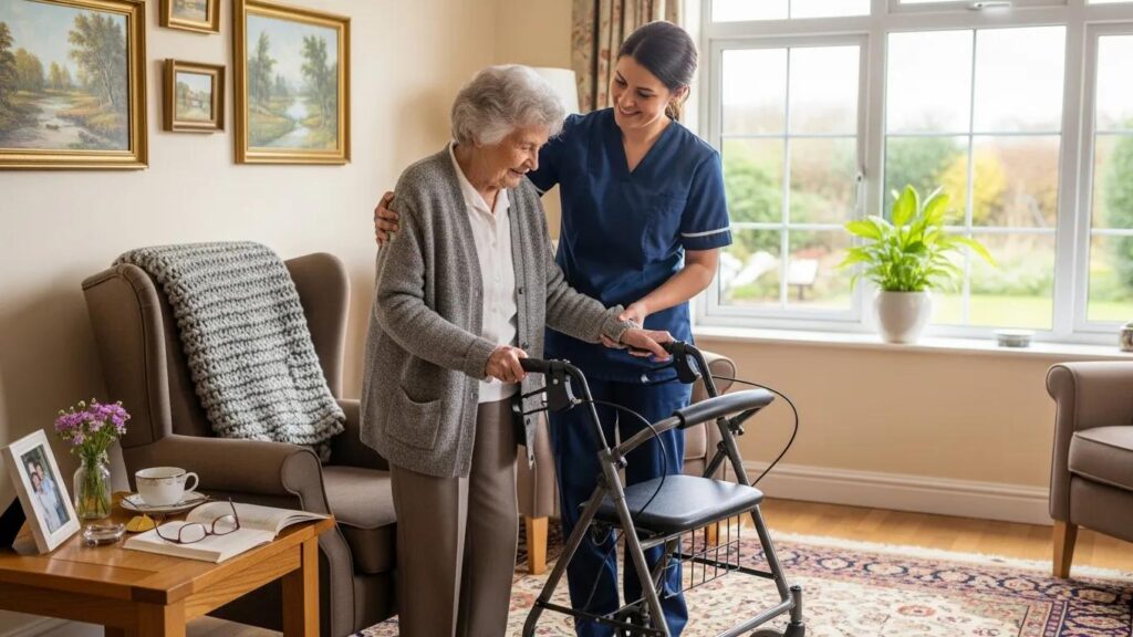 Caregiver providing personalized health assistance to a senior resident in a supportive home environment