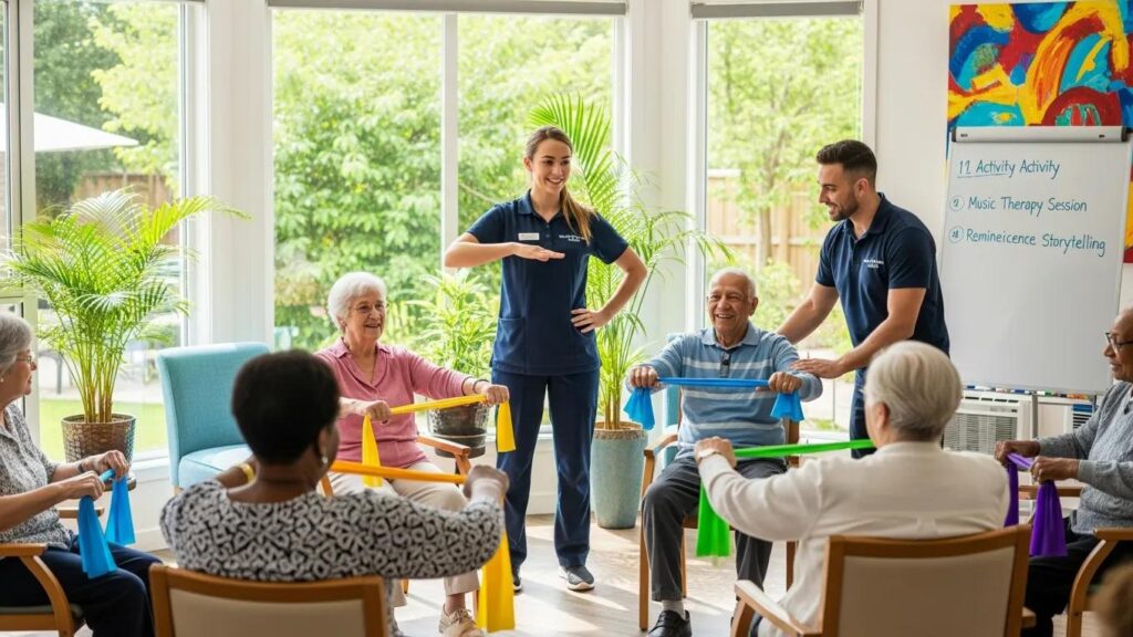 Caregivers facilitating personalized activities for seniors, enhancing their emotional well-being