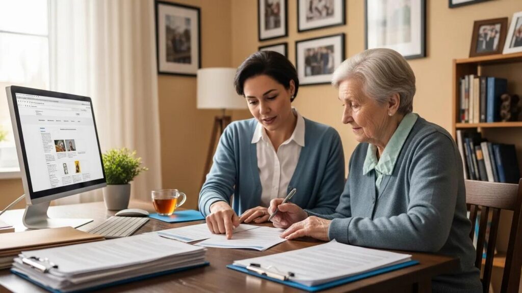 Caring adult assisting an elderly person with financial assistance paperwork in a cozy home office