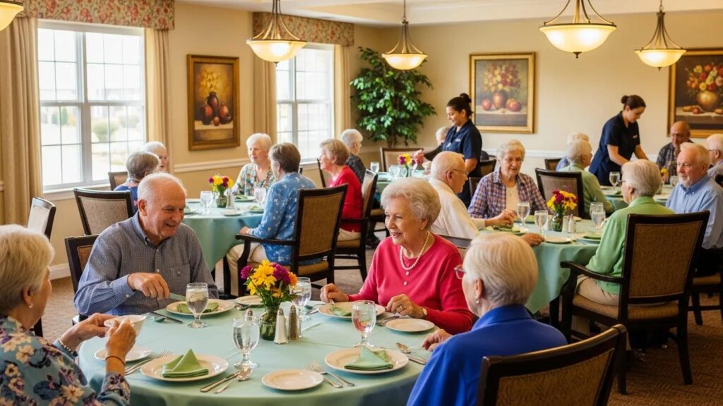 Dining area in an assisted living community focusing on social interactions and community living