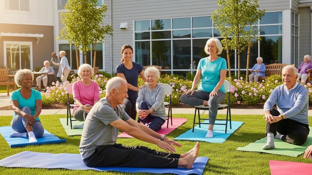 Elderly residents participating in a yoga class in an assisted living community, highlighting wellness initiatives