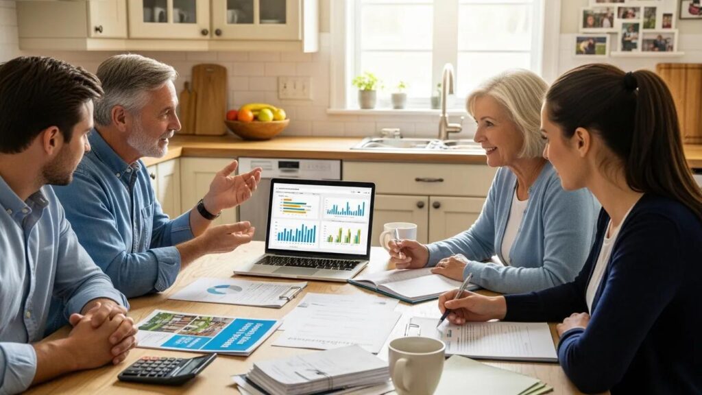 Family discussing financial planning for assisted living, featuring documents and a laptop.