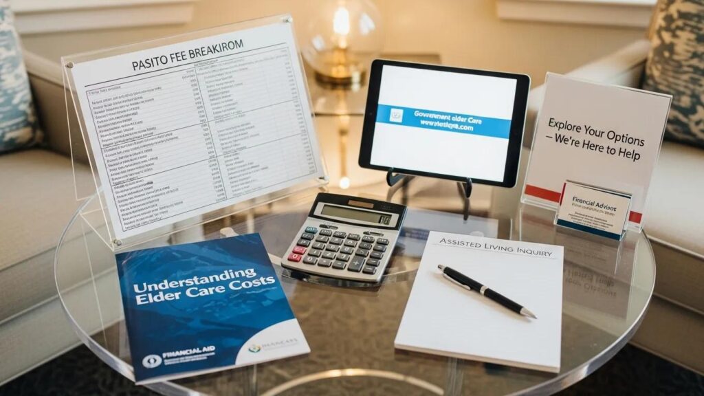 Scene depicting a fee breakdown for assisted living costs with financial planning tools