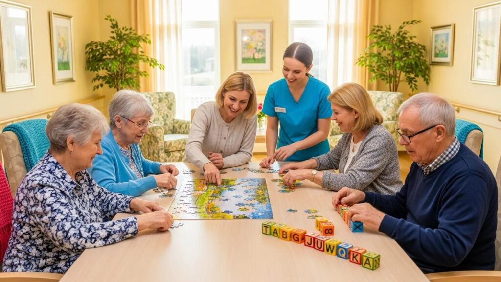 Seniors engaging in cognitive activities in a memory care program, promoting mental health.
