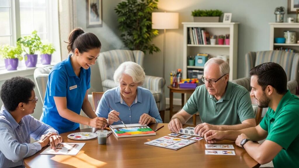 Seniors engaging in cognitive activities supported by caregivers, enhancing memory care in assisted living