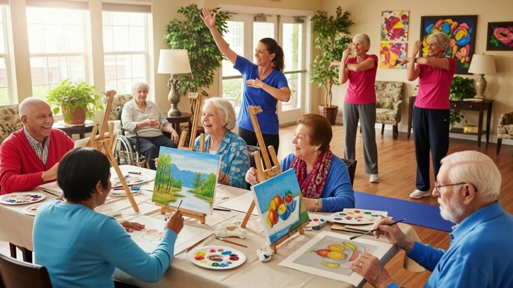 Seniors participating in a group fitness class, promoting emotional well-being through social engagement.