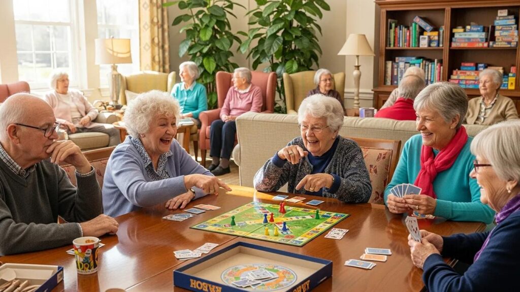 Seniors participating in a social activity within a welcoming assisted living community lounge