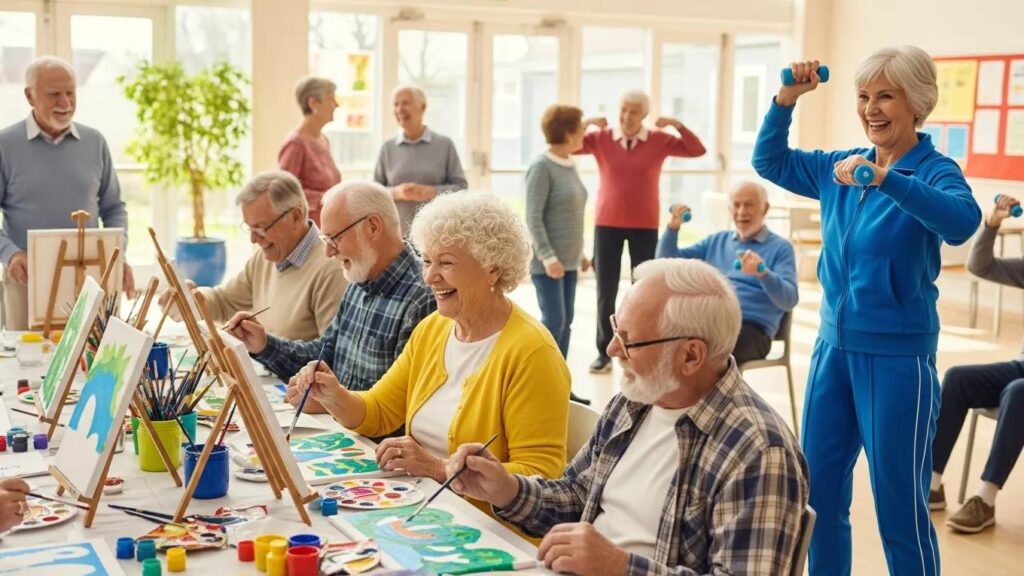 Seniors participating in a vibrant recreational activity, promoting social engagement and community ties